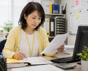 A Japanese office worker checks a delivery update on a laptop while comparing information from support and logistics.
