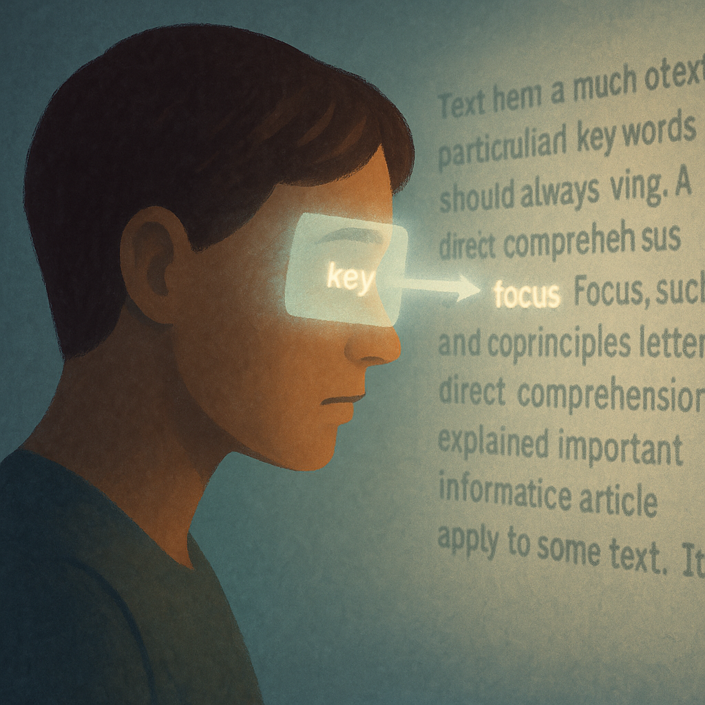 複雑な英語の文章を見つめる人物のデジタルイラスト。目の前にあるテキストの中で、重要な単語やフレーズだけが光るフィルターで強調されており、その他の部分はぼやけている。選択的かつ直接的な理解を象徴するイメージ。