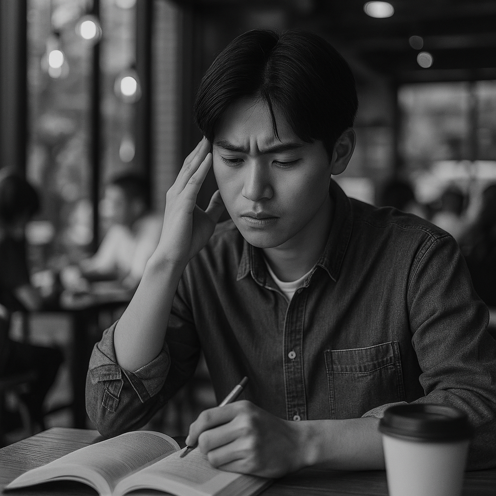 A young Japanese man is studying in a busy café, looking puzzled while reading a book and holding a pencil. A coffee cup sits on the table.
