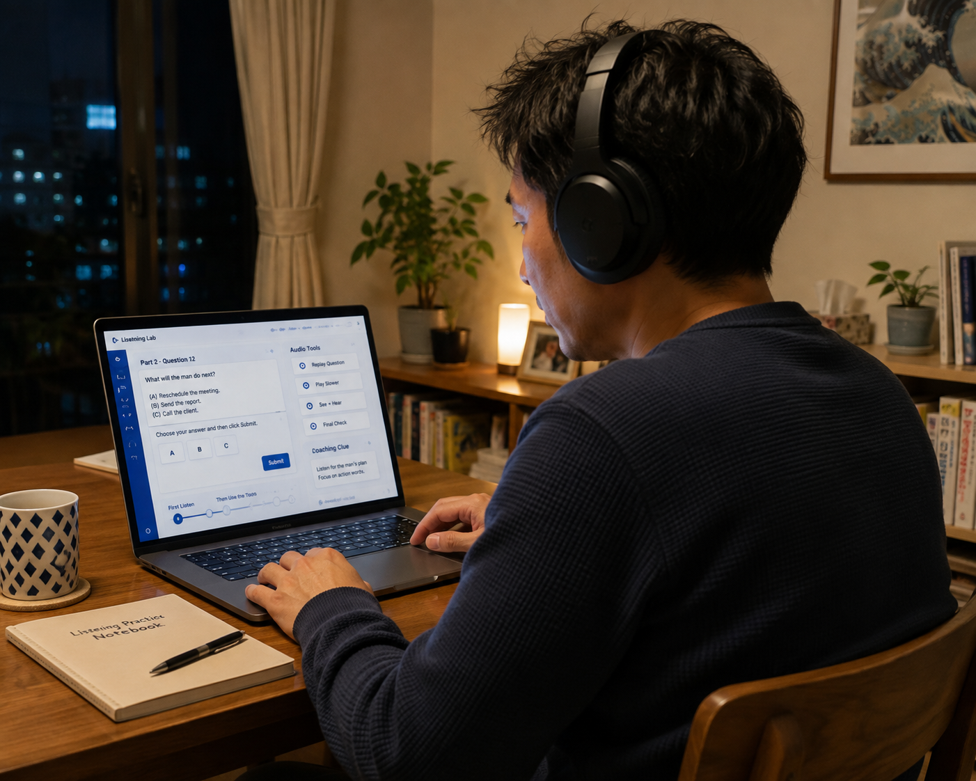 Japanese learner wearing headphones and practising listening at home in the evening.