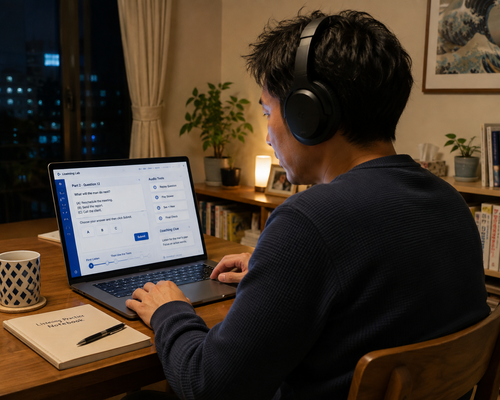 Japanese man using a laptop and over-ear headphones at home in the evening.