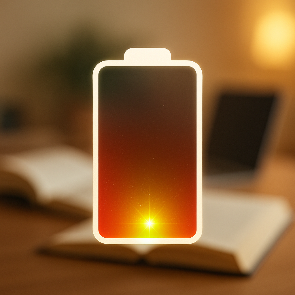 ほとんど空になった赤いバッテリーアイコンの下部に、緑と黄色の小さな火花が光っています。背景には、ぼやけた学習机とノートパソコン、本が見えます。学習による疲労と、わずかに芽生えた回復の兆しを象徴しています。