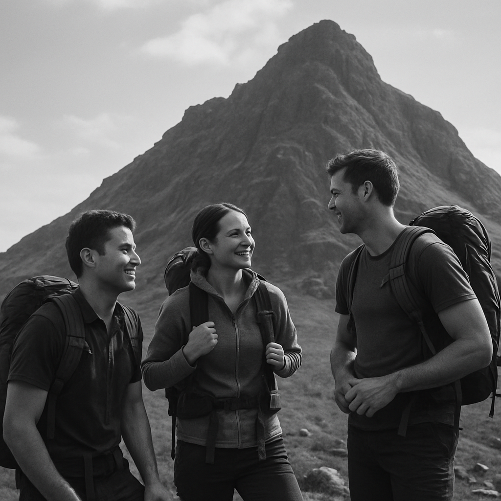 2人の男性と1人の女性の登山者が笑顔で会話している白黒写真。彼らの背後には険しい高い山がそびえ立ち、挑戦と仲間との前進を象徴している。