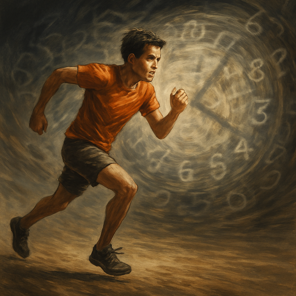 性別を問わない人物が、もつれた数字で構成されたぼやけた時計に向かって全力で走っている様子を描いたセミリアルなデジタルイラスト。人物の表情には決意と焦りが混在し、TOEICテスト中の時間的プレッシャーを象徴している。