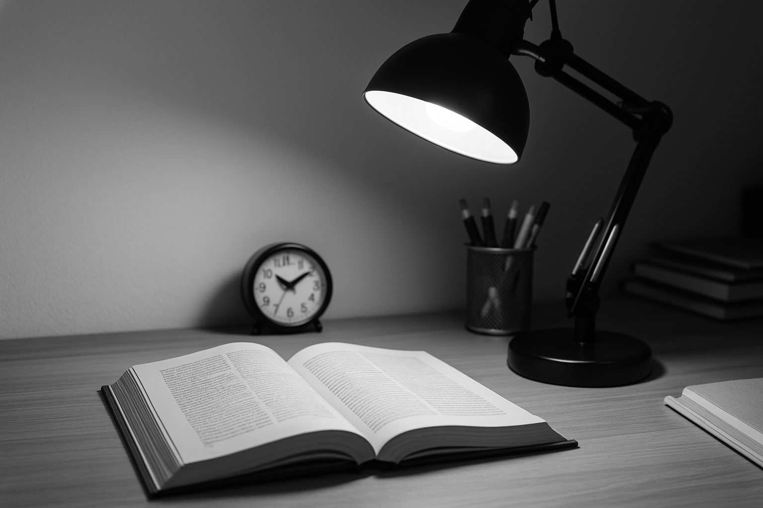 Black-and-white photo of a quiet study setup: an open book, desk lamp, pencil holder, and clock on a wooden desk. Ideal for TOEIC or English self-study themes.