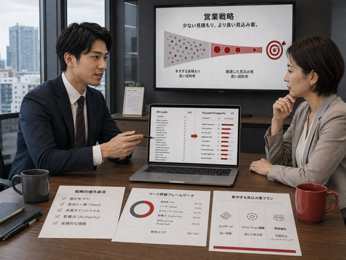 Two sales professionals reviewing a sales funnel, prospect results and qualification documents.