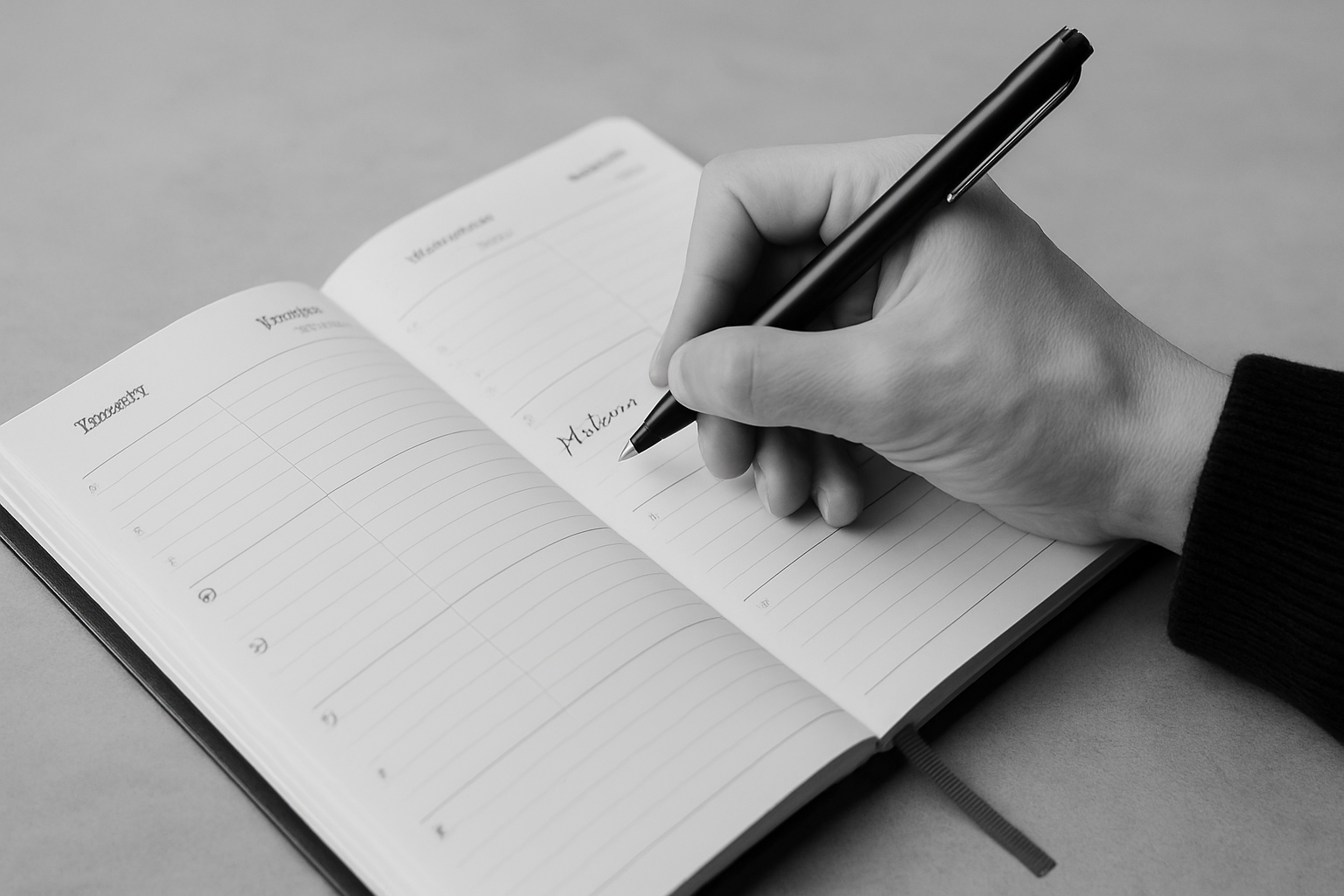 週刊スケジュール帳に「Meeting」と書き込む手の白黒写真。手元は落ち着いており、計画的に予定を立てている様子がうかがえる。