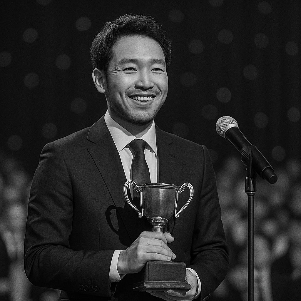 30代前半の日本人男性が授賞式のステージに立ち、笑顔でトロフィーを手にしている白黒写真。横にはマイクがあり、背景にはぼかされた観客の姿が見える。