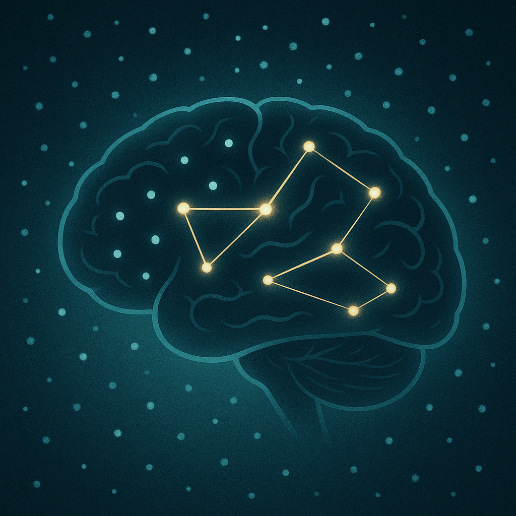 人間の脳を横から描いたデジタルイラスト。脳の中には無数の光る点が散らばっており、それぞれが孤立した知識を表しています。一部の点が光のラインでつながり始め、星座のような意味のあるパターンを形成しています。背景は抽象的で暗く、記憶から理解への変化を強調しています。
