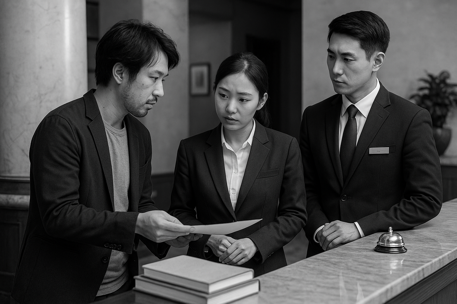 ホテルの受付カウンターで、2人のスタッフと1人の宿泊客が立ち話をしている白黒写真。宿泊客が何かを説明しており、スタッフは真剣な表情で聞いている。重要な会話の雰囲気が感じられる。