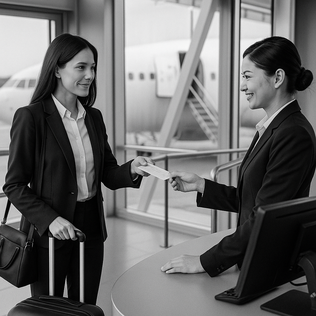 スーツ姿の女性が、笑顔の搭乗口係員に搭乗券を渡している白黒写真。彼女はキャリーケースを引いており、ターミナルの窓の外には飛行機が見える。仕事での出張であることが明らかに伝わる場面。