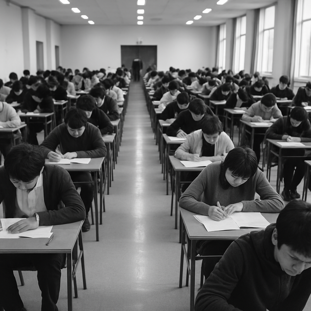 多数の受験者が机に向かってテストを受けている大規模な試験会場を写した白黒写真。受験者たちはそれぞれの答案に集中しており、静かで緊張感のある雰囲気が伝わる