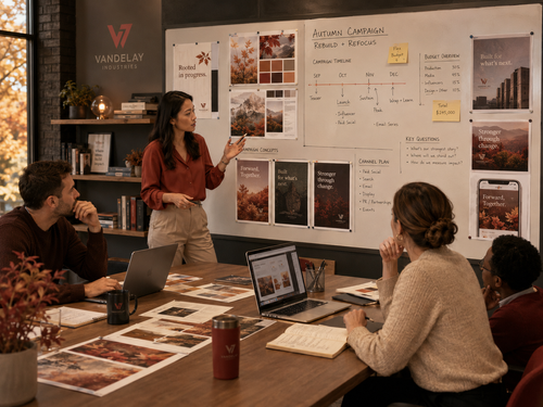 A marketing team in a planning room reviews an autumn campaign board, budget notes, campaign concepts and channel plans.