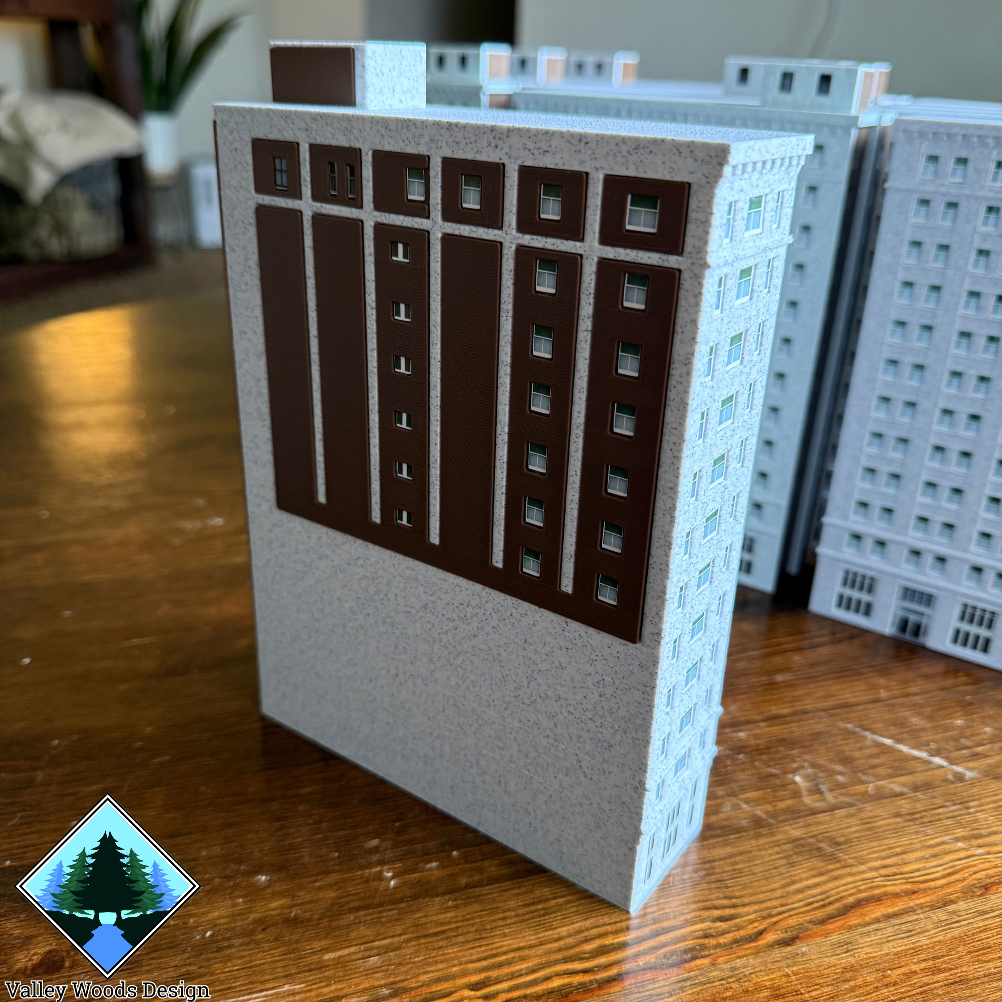 Angled rear view of the 3D printed Breese Tower model