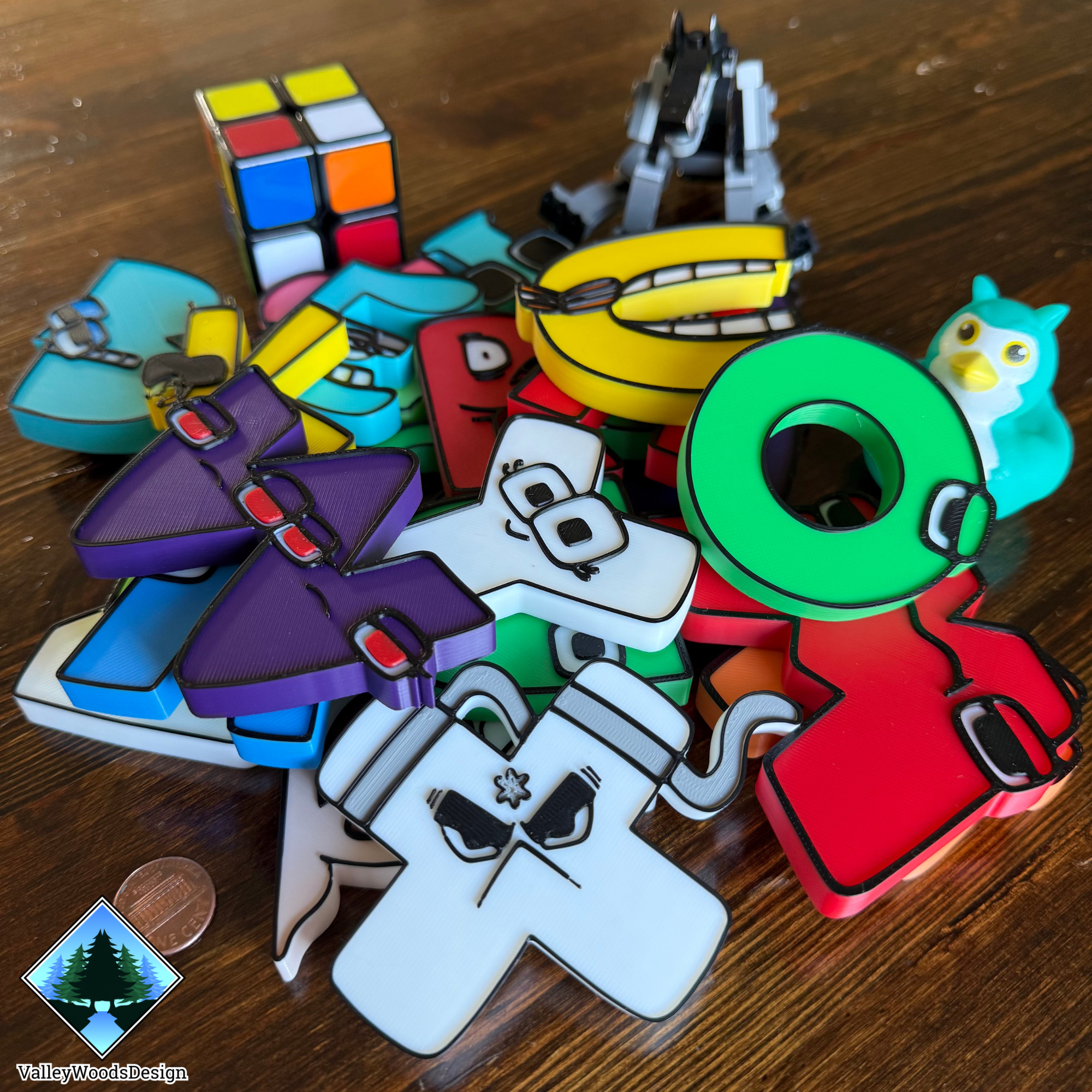 A through Z colorful 3D printed alphabet lore character set