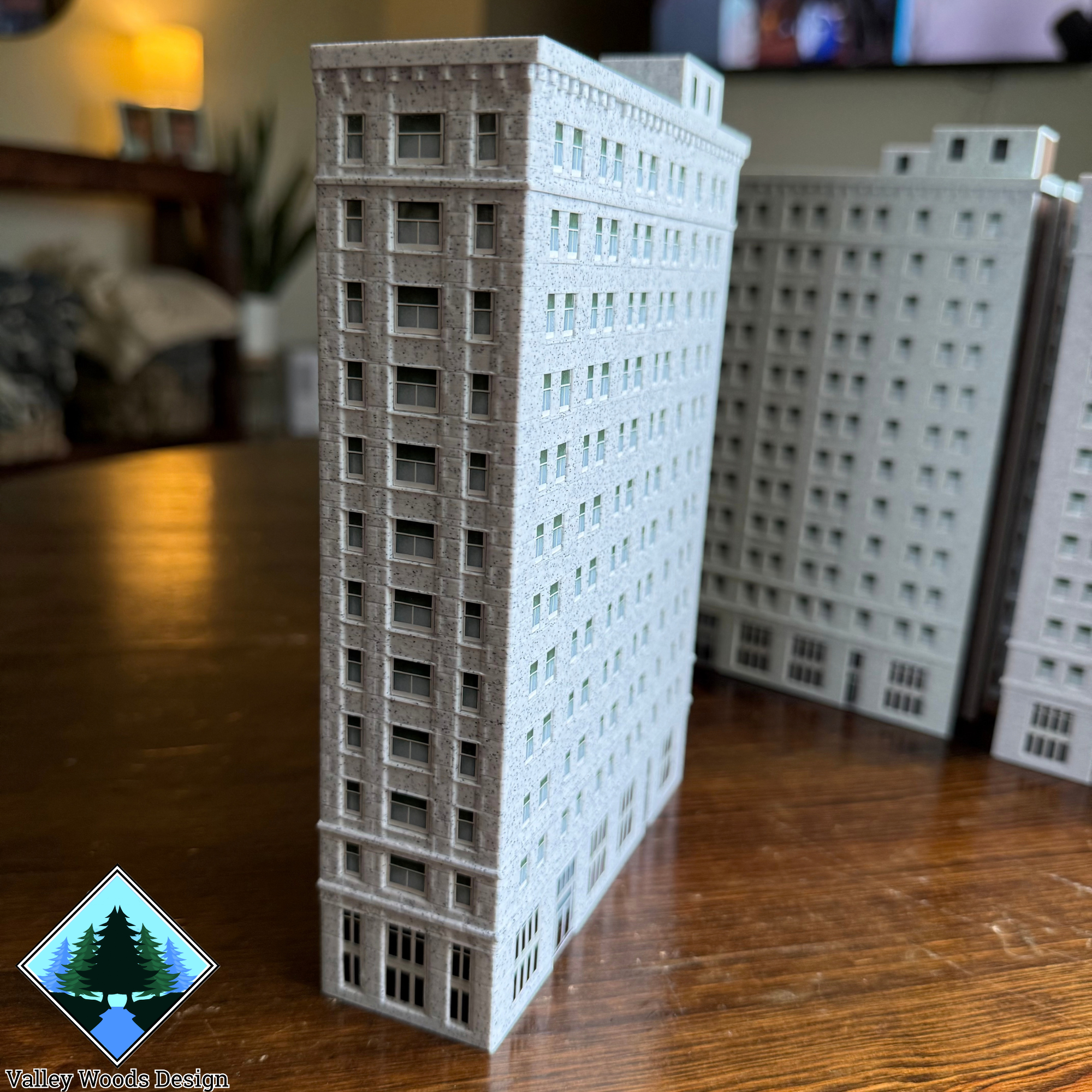 Side view of Breese Tower miniature showing window and facade details