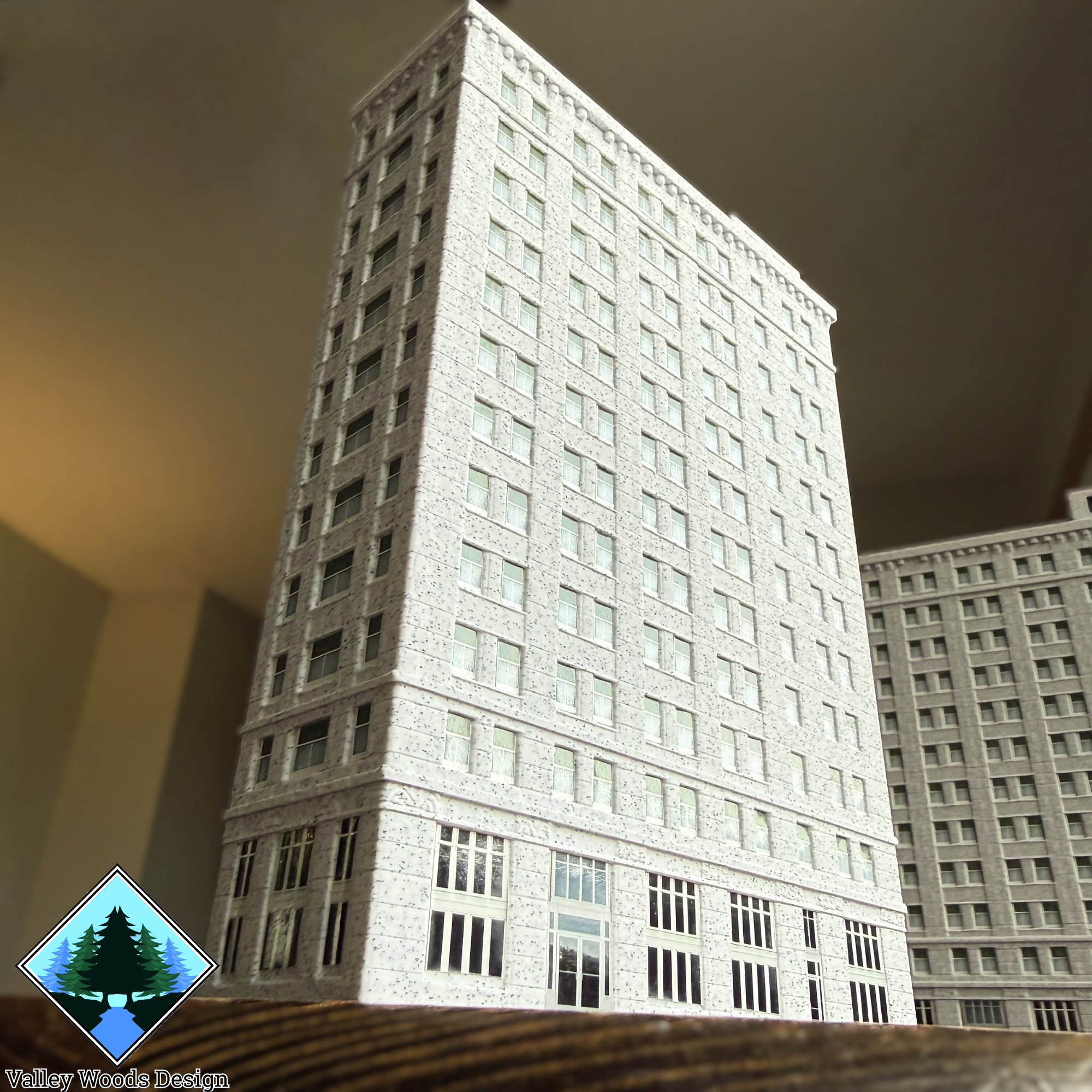 Custom 3D printed Breese Tower replica showing the front entrance and detailed windows