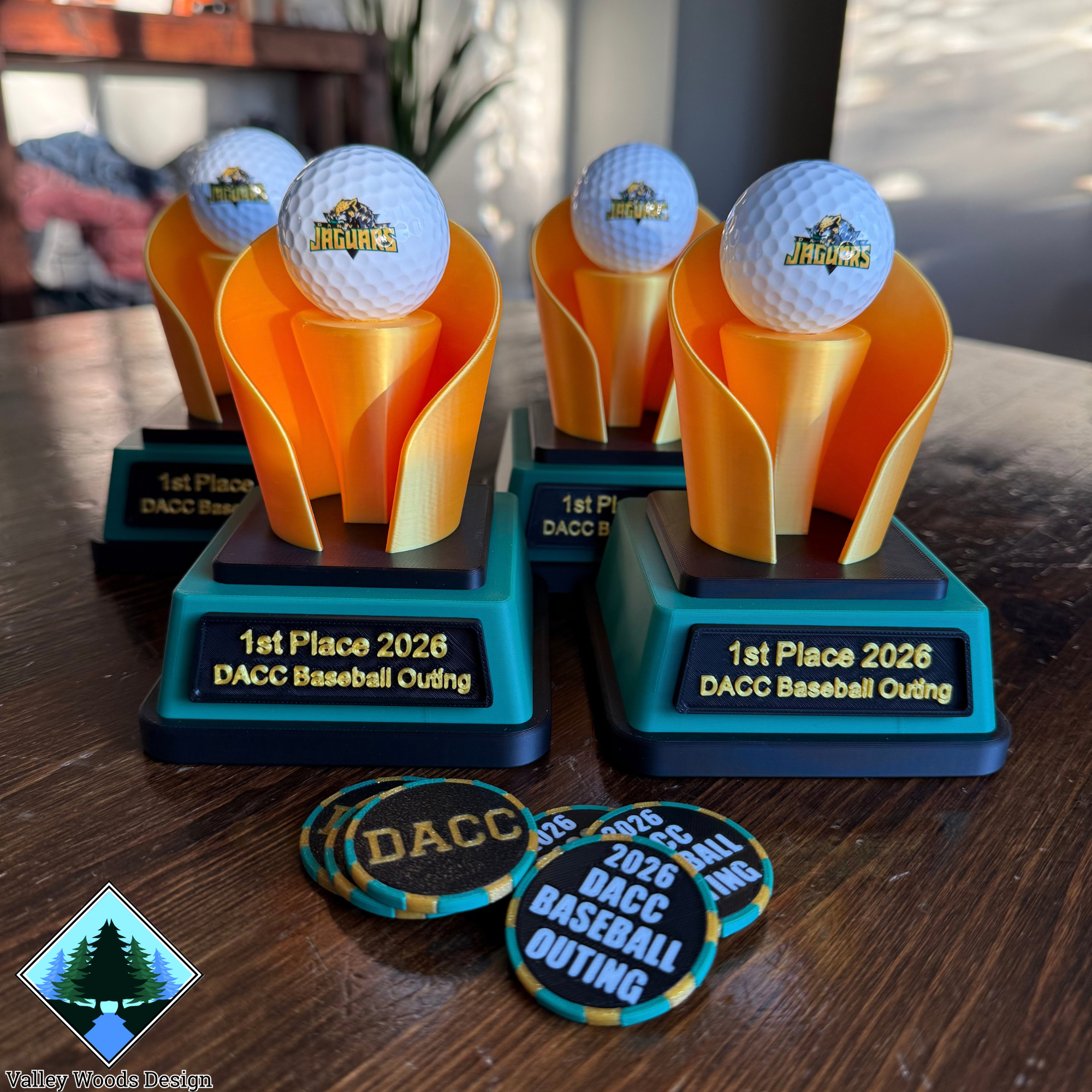 DACC Jaguars golf trophies and custom golf ball markers by Valley Woods Design