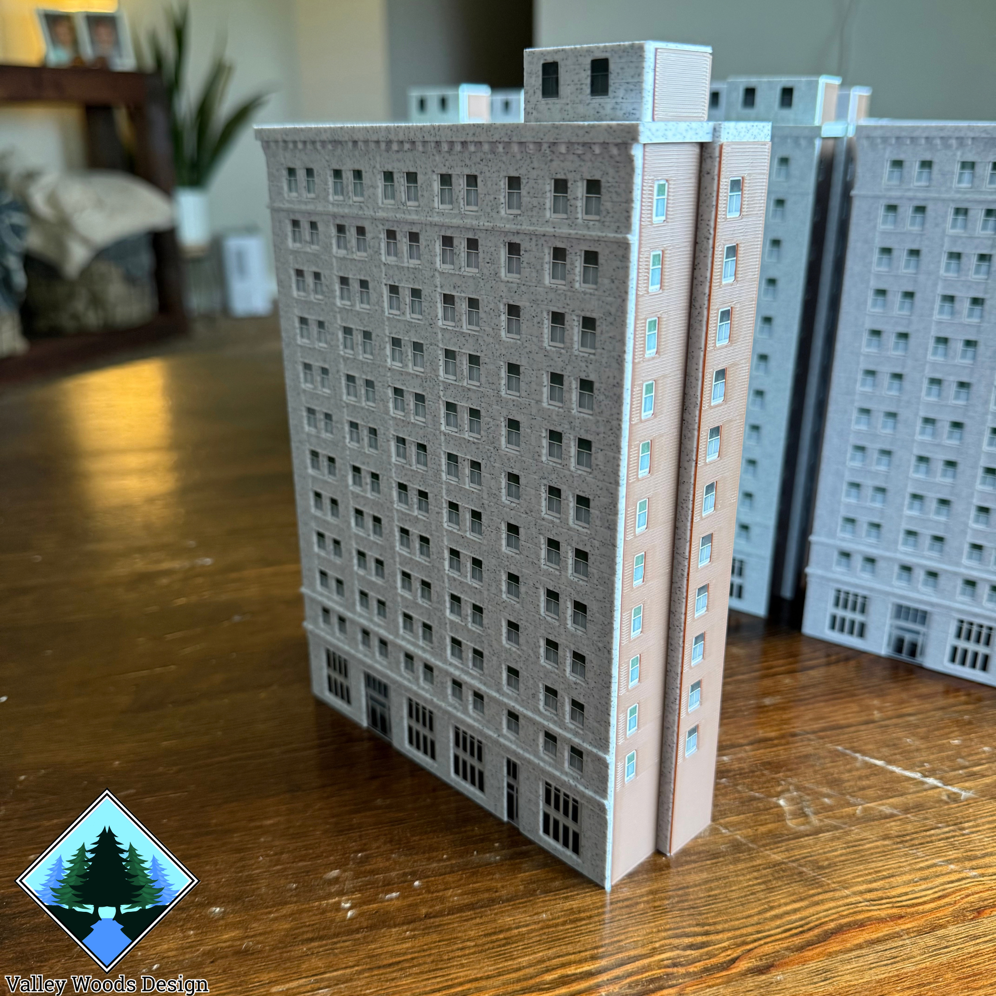 Side view of custom Breese Tower model showing exterior architectural details