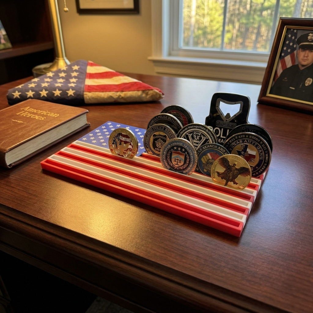 Thin Blue Line Flag Challenge Coin Holder Desk Display