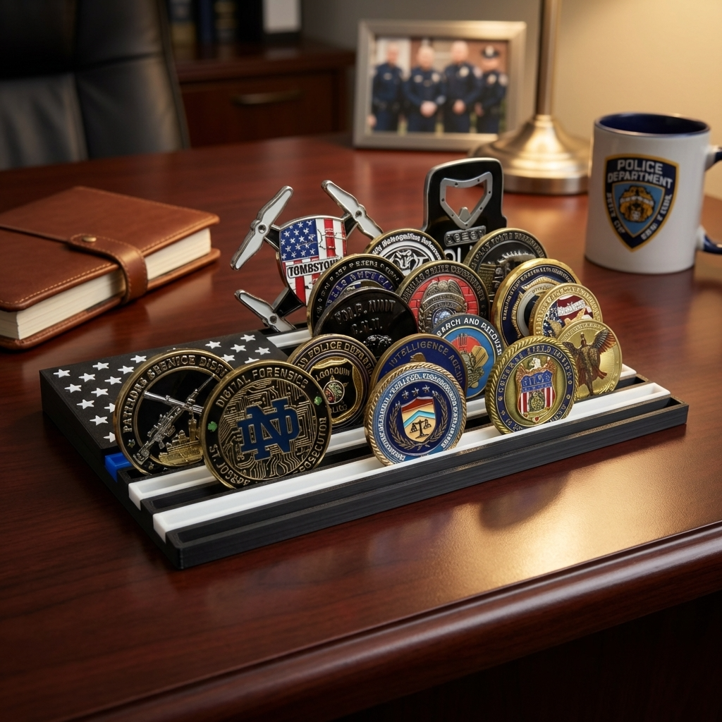 Thin Blue Line Flag Challenge Coin Holder Desk Display