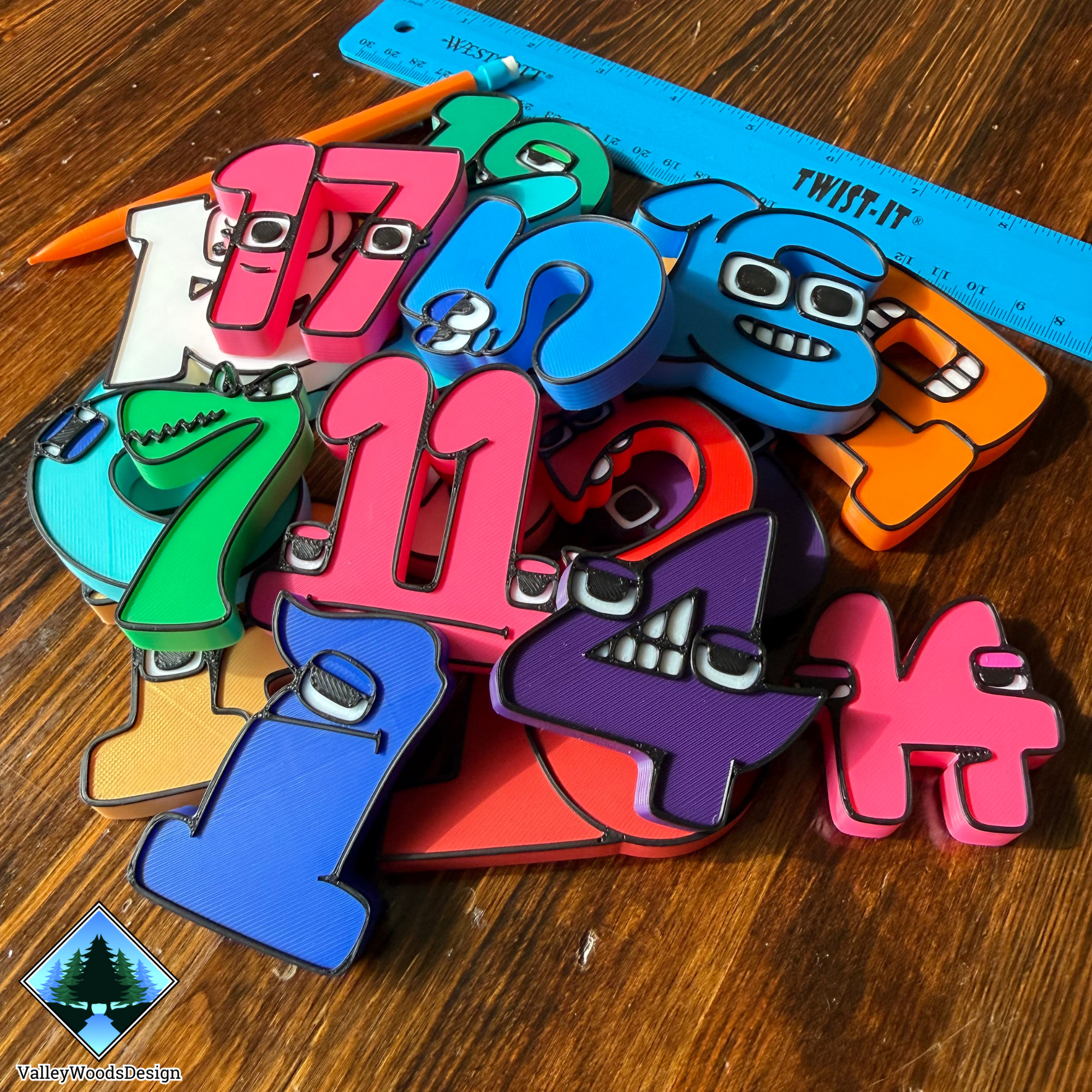 Colorful 3D printed number lore inspired characters