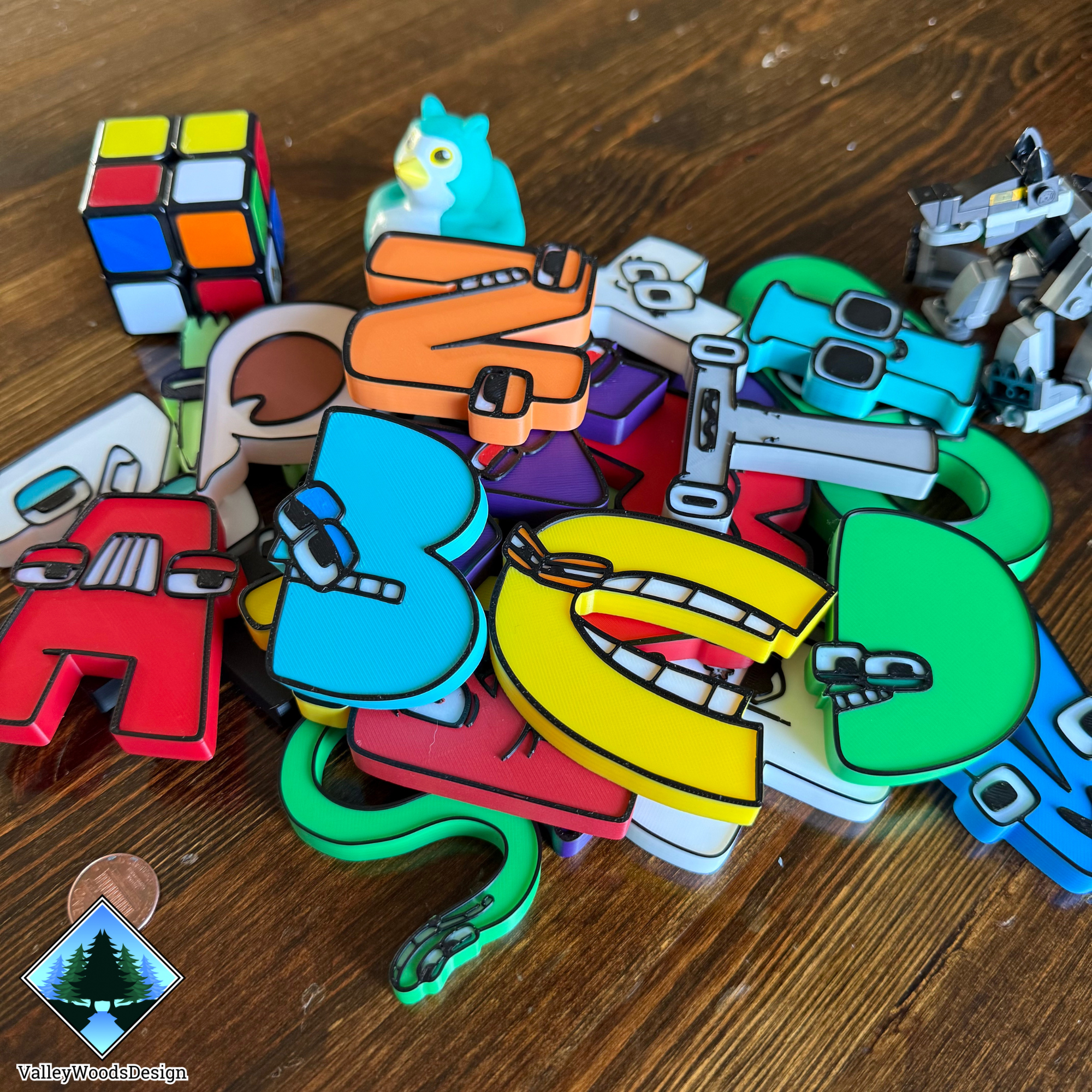 A through Z colorful 3D printed alphabet lore character set