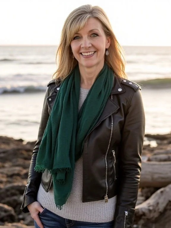 Female therapist with blonde hair smiling while standing on a wooded trail with green plants and trees in the background.