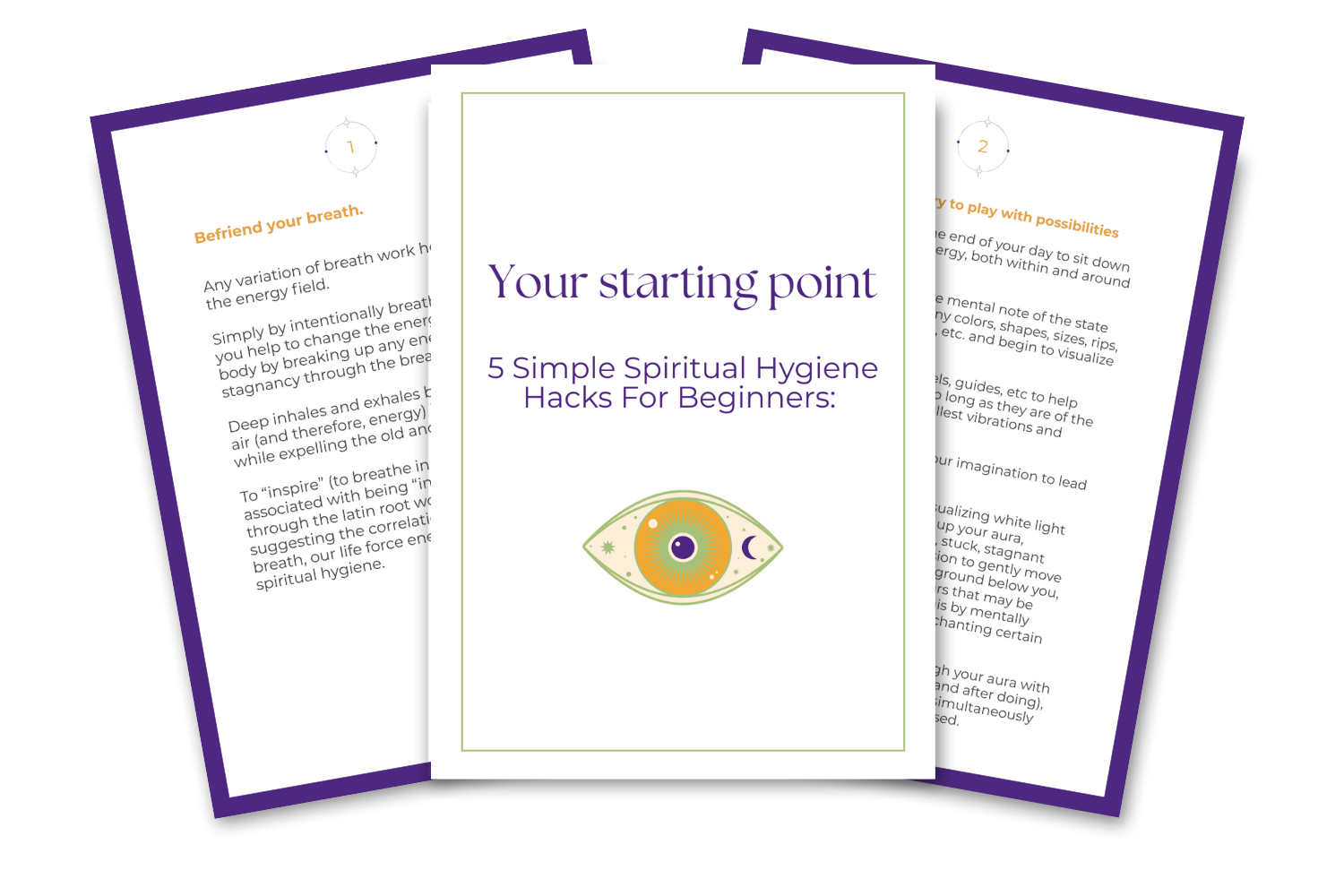 Cover page of a booklet titled 'Your starting point: 5 Simple Spiritual Hygiene Hacks For Beginners' with an eye-shaped graphic featuring an eye, moon, and star motifs. Behind it are two other pages with step-by-step instructions for spiritual hygiene practices, framed in dark purple borders.