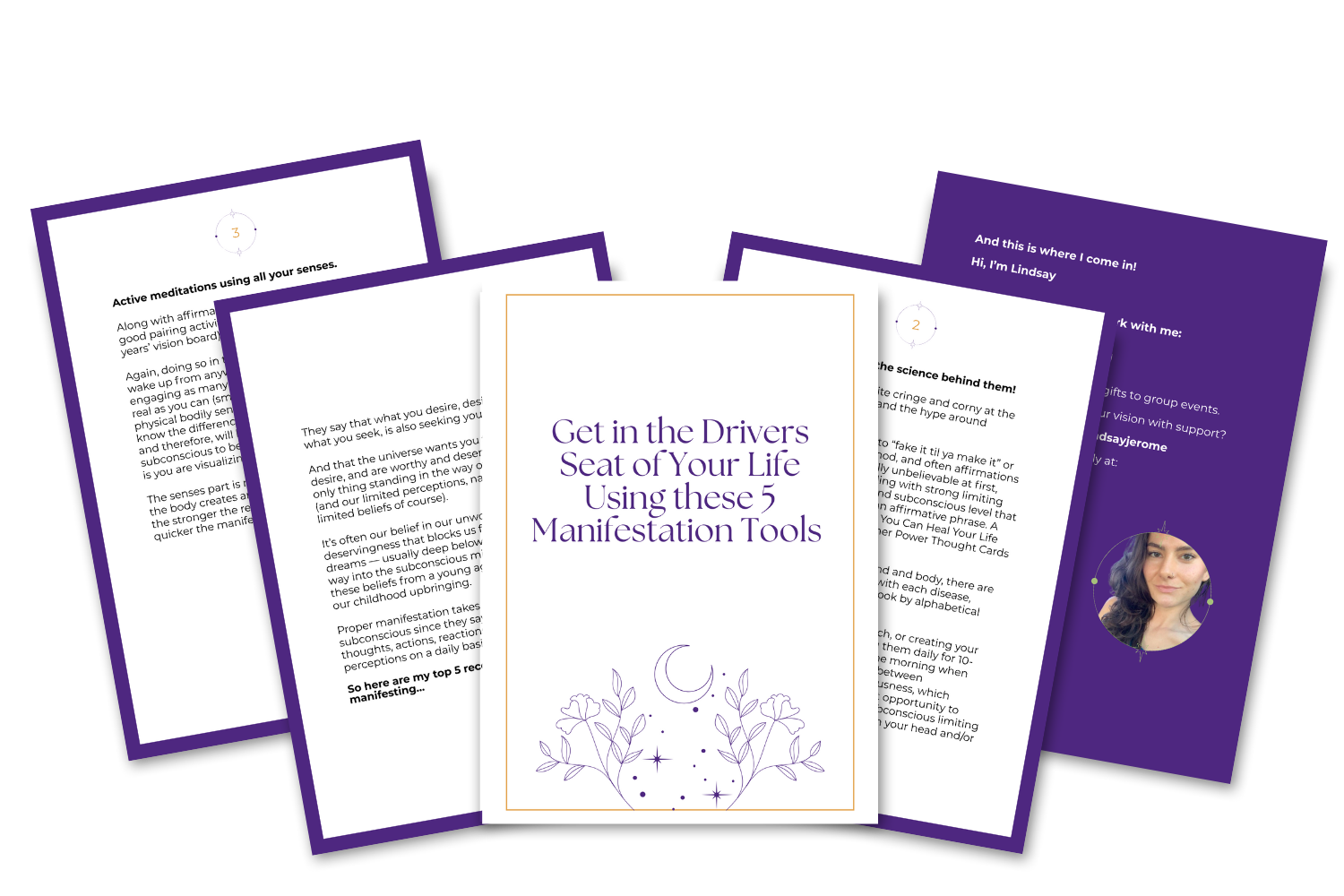 Cover page and four pages of a guide titled "Get in the Driver's Seat of Your Life Using these 5 Manifestation Tools," featuring purple and white color schemes and decorative celestial illustrations.