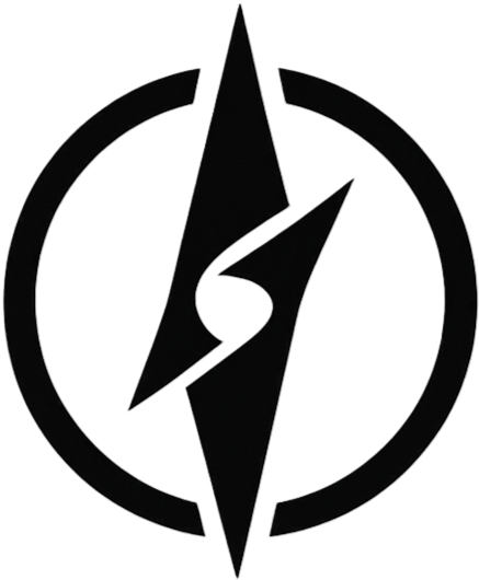 A black and white logo featuring a lightning bolt inside a circle.