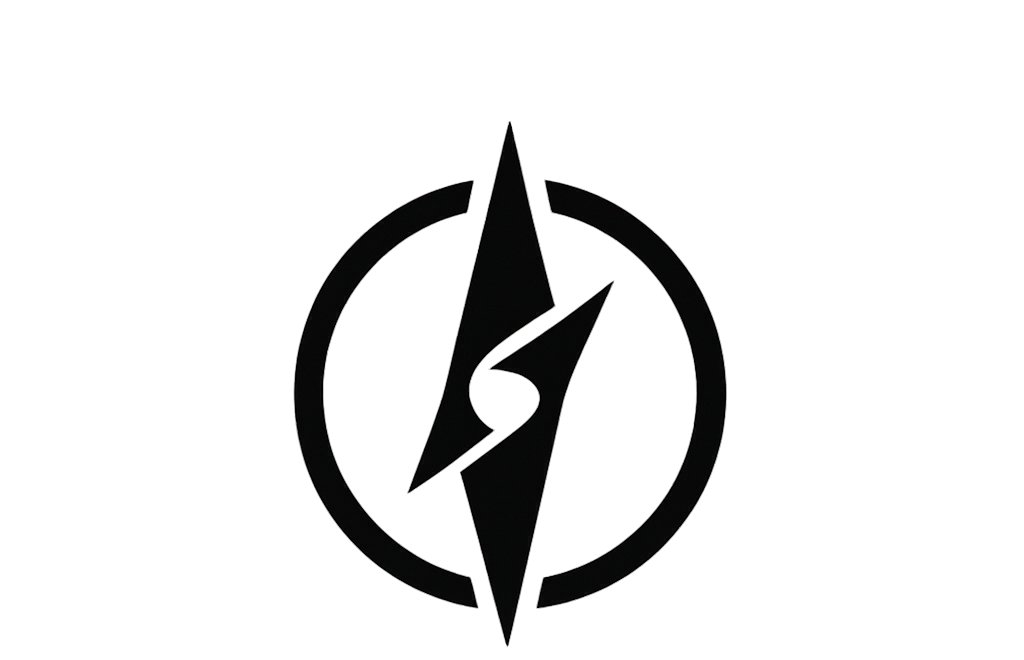 A minimalist, black and white logo featuring a circular design with a central lightning bolt symbol.