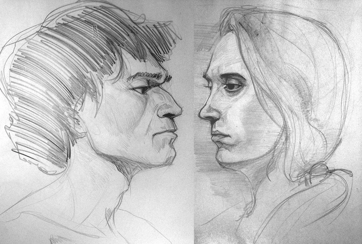 A pencil sketch of two people facing each other in profile view, with one on the left and one on the right.