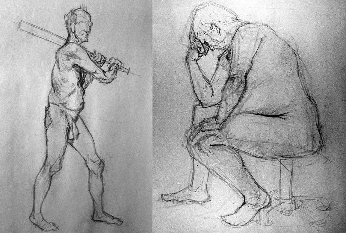 Sketch of two men, one standing and holding a baseball bat, the other sitting on a stool with his hand on his face, contemplative.