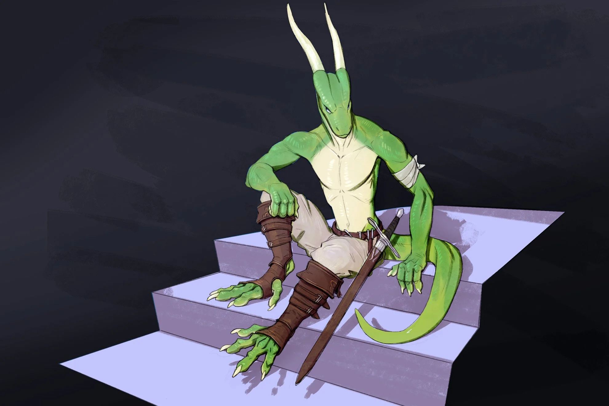 A fantasy illustration of a humanoid lizard creature with green scales, horns, and a tail, sitting on a ledge with a dark background.