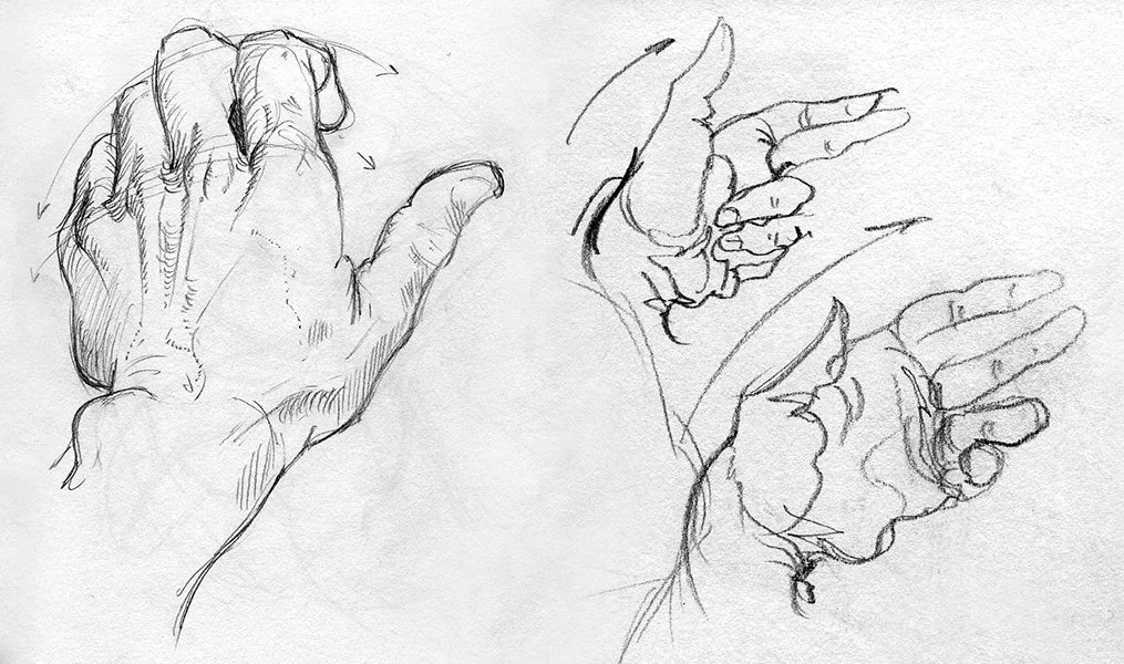 Sketch of two hands, one on the left in a relaxed position and the other on the right with fingers slightly curled.