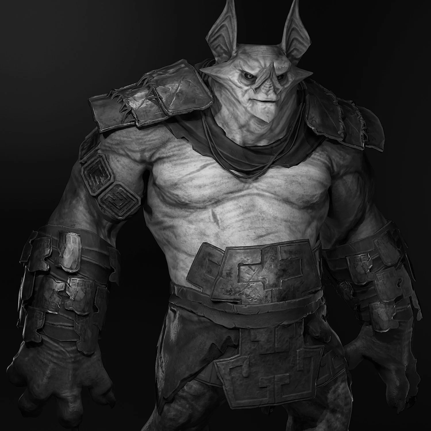 Black and white digital character art of a muscular creature with a humanoid body, sharp facial features, armored shoulders, forearms, and waist, and a beastly face with horns and a snout, set against a black background.