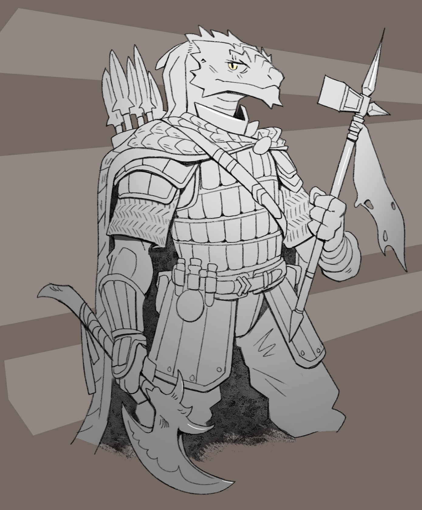Drawing of a humanoid dragon with armor, holding a spear and a flag, with arrows on its back, standing on a striped background.