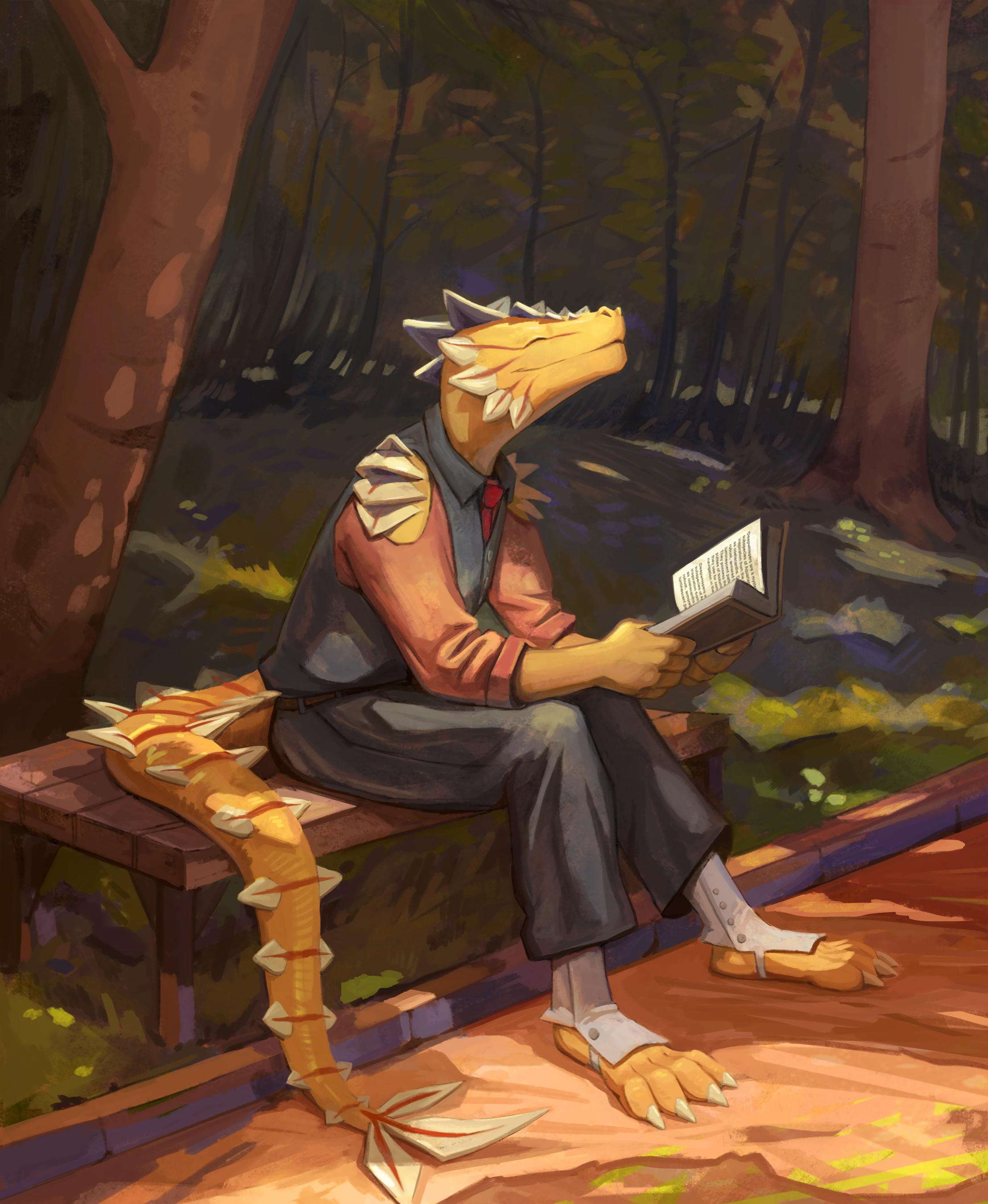 A person with a dragon costume, which has yellow and orange scales, is sitting on a park bench reading a book. The background shows trees with autumn-colored leaves.