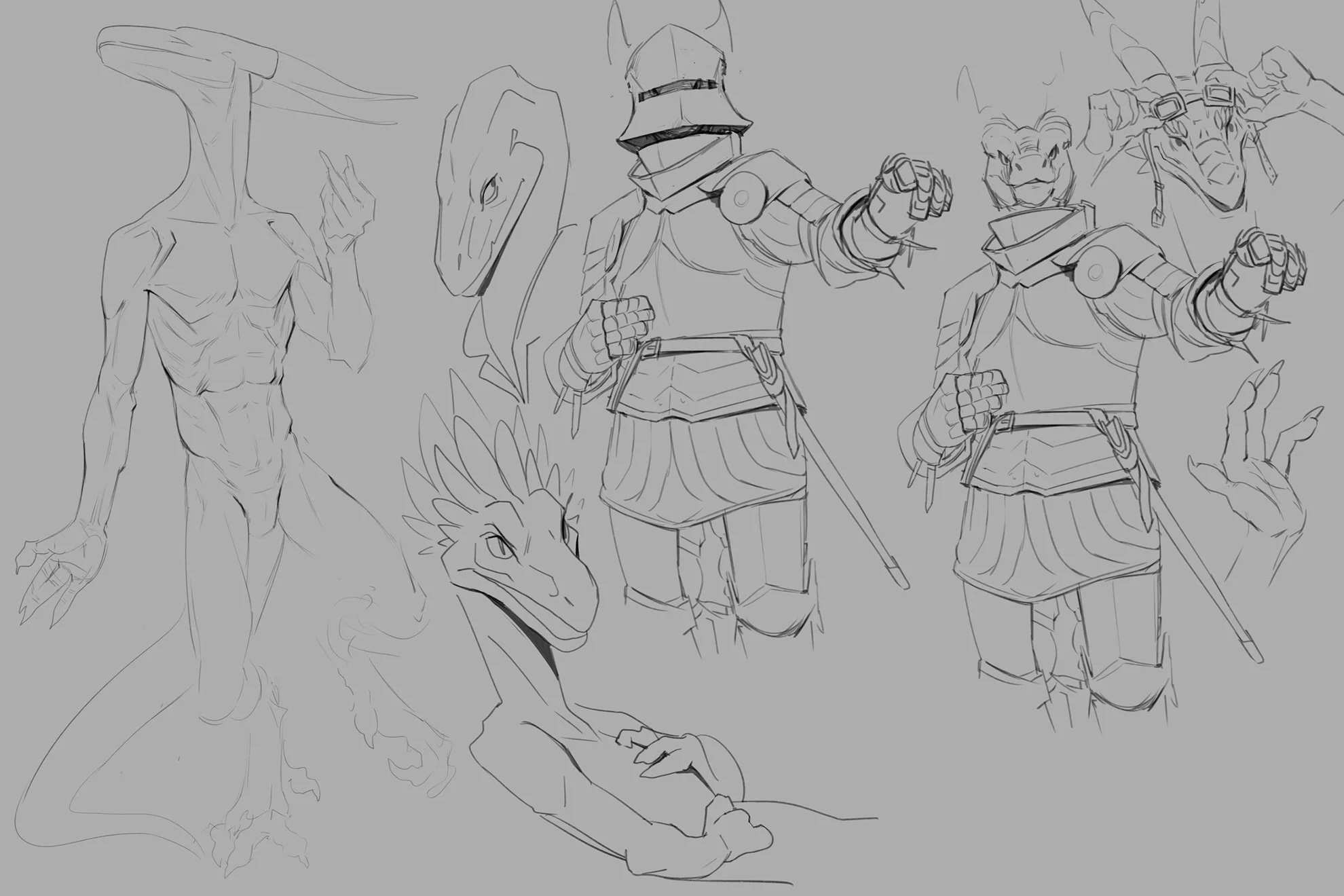 Sketch of fantasy characters including a humanoid with a dragon head, a knight with a shield and spear, a lion-headed warrior with binoculars, and a dragon.