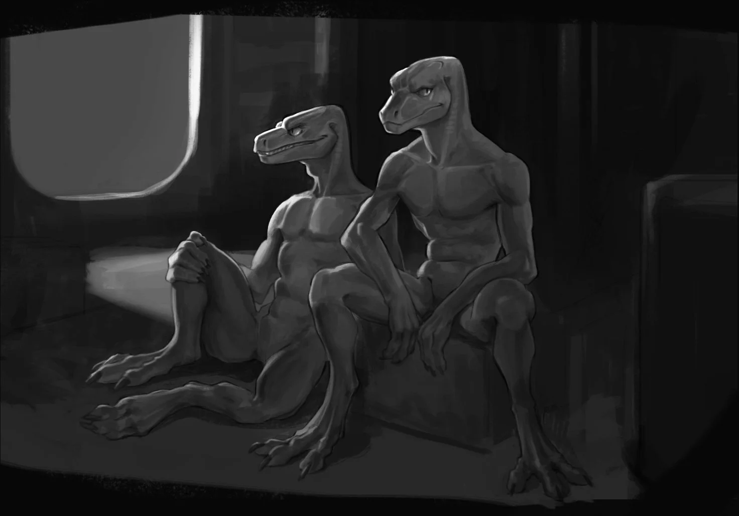 Two anthropomorphic dinosaurs with muscular bodies sitting on a bench in a dark room, illuminated by light coming through a window.