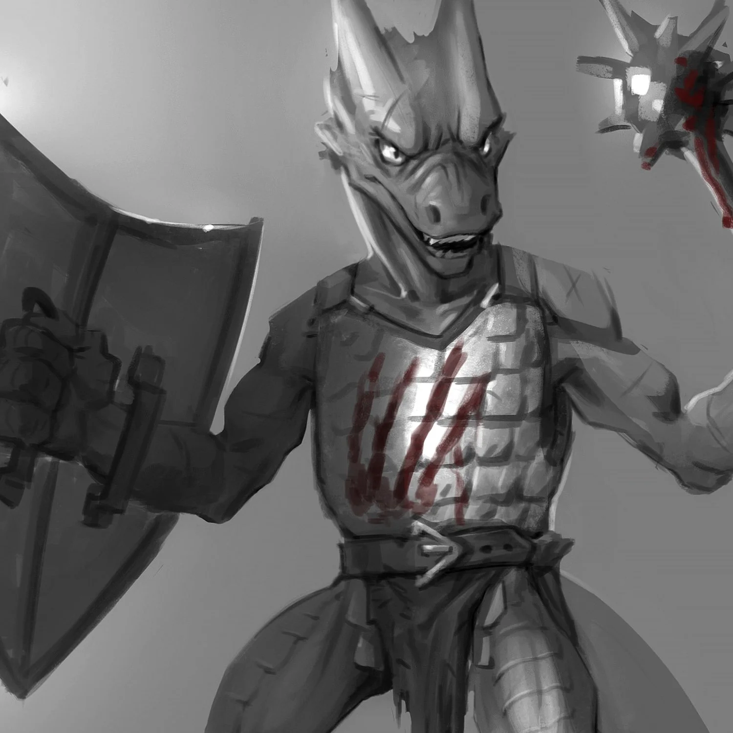 A humanoid creature with a wolf-like head, sharp teeth, and fierce eyes, wearing a sleeveless armored vest with red bloodstains, holding a large axe in one hand and a blood-stained spiked club in the other, in a grayscale sketch style.