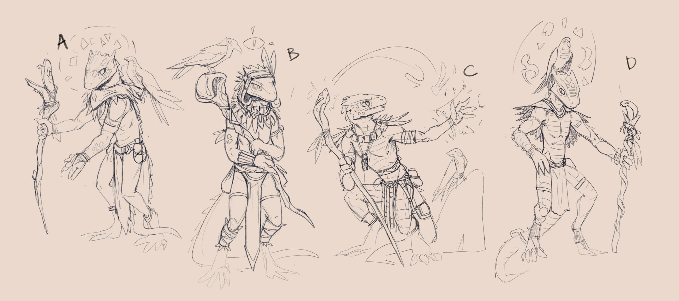 Sketch of five humanoid lizard characters in different poses, with some holding staffs or wearing accessories, all with a similar reptilian appearance.