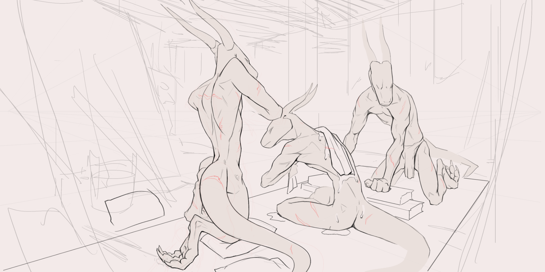Sketch of three humanoid dragon figures in a room with stairs, with one figure on the ground and two standing, in a fantasy or concept art style.