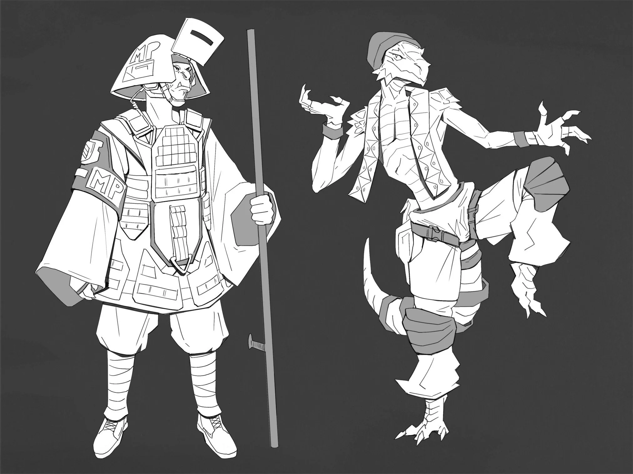 Black and white drawing of two characters, one dressed as a soldier with armor and a cape, holding a flag, and the other as a humanoid bird with a beak, feathers, and a beanie, standing with hands on hips against a dark background.