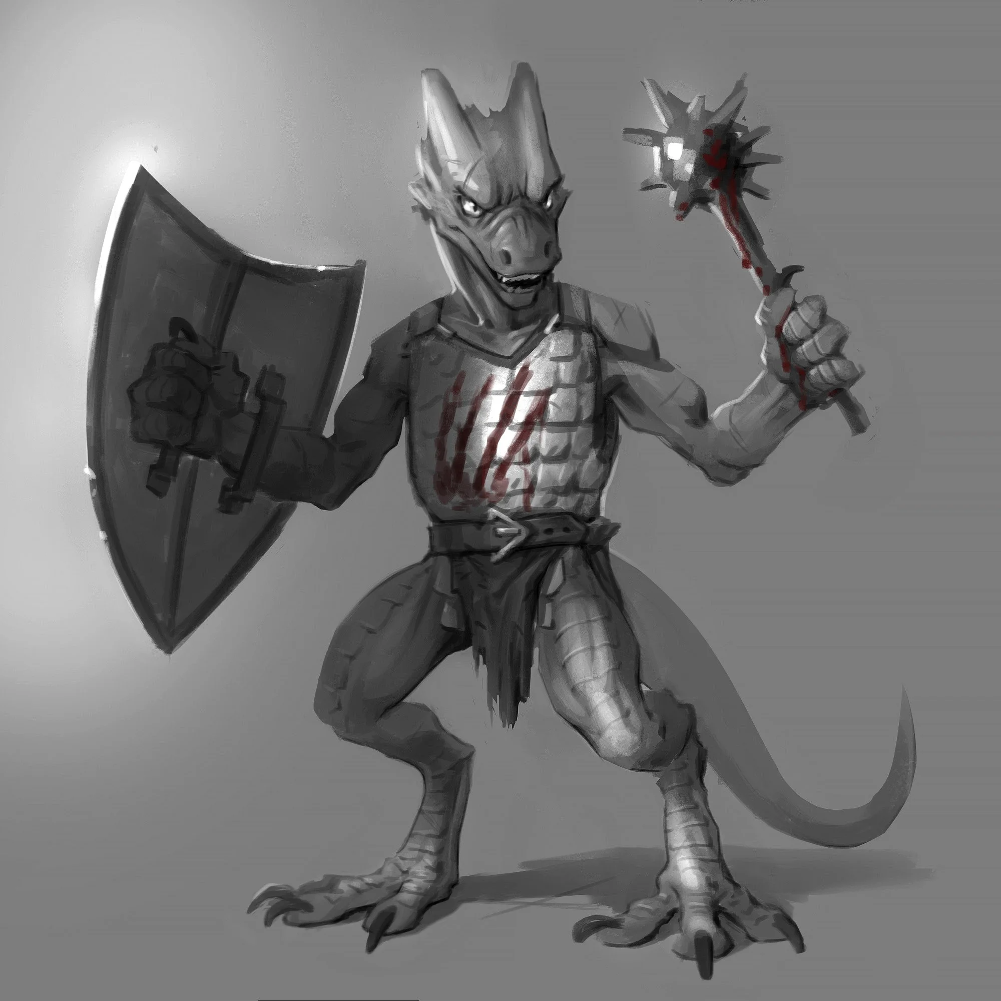 A black and white digital painting of a humanoid lizard creature with a fierce expression, holding a blood-stained wooden club in one hand and a blood-stained shield in the other, wearing armor with red streaks.