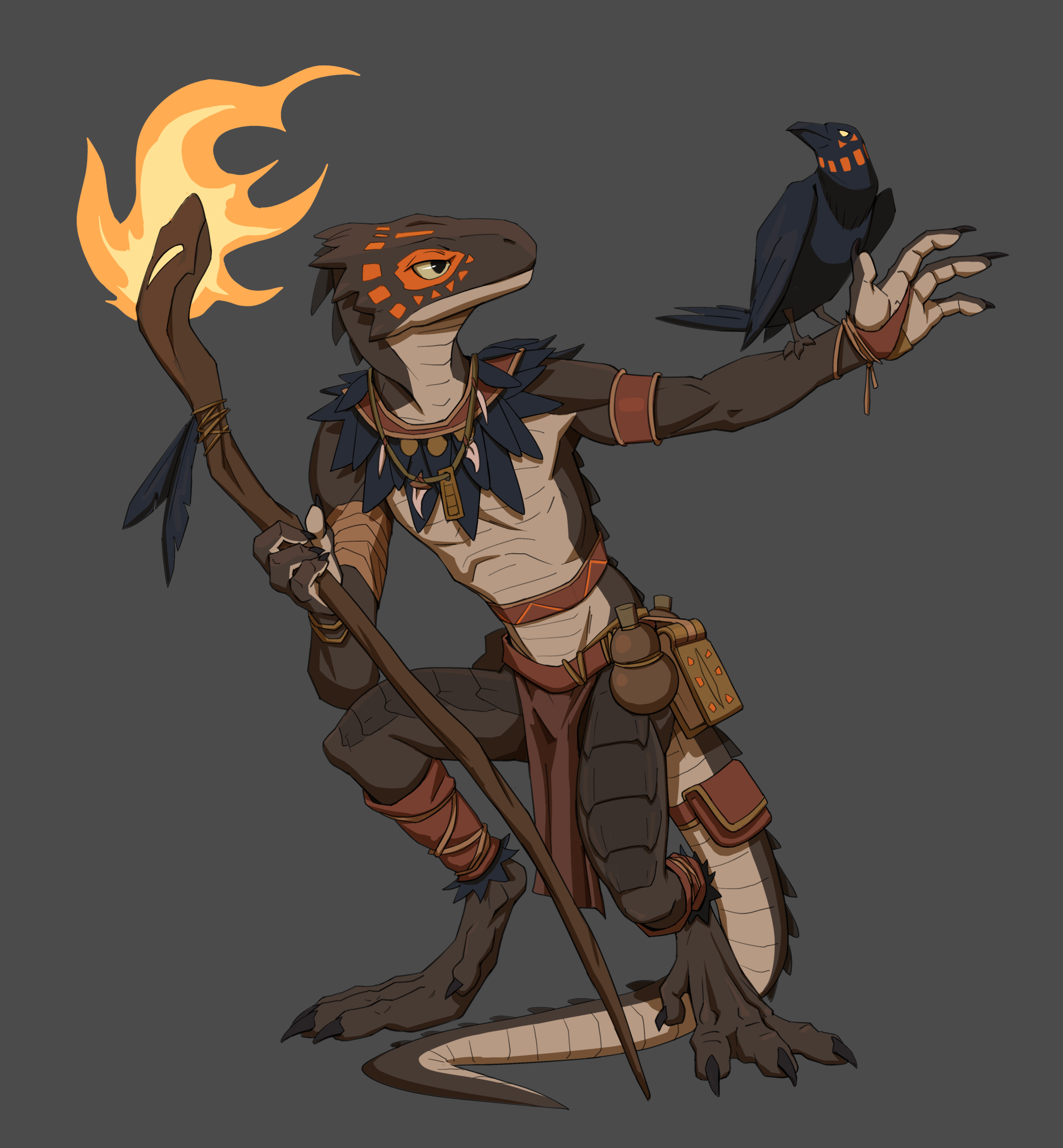 Digital illustration of a humanoid lizard creature with tribal markings, holding a staff with fire, accompanied by a black bird on its outstretched arm, against a dark background.