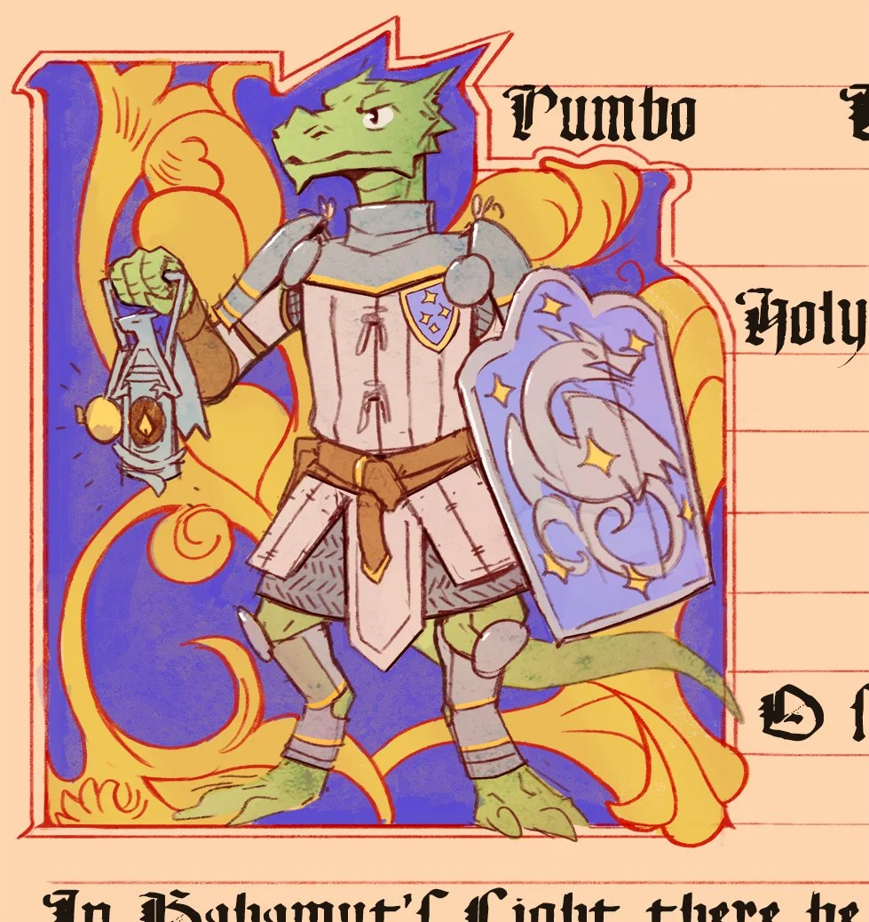 Anthropomorphic dragon character in medieval armor holding a sword and shield, standing with a confident stance, surrounded by decorative swirling patterns and text labels.