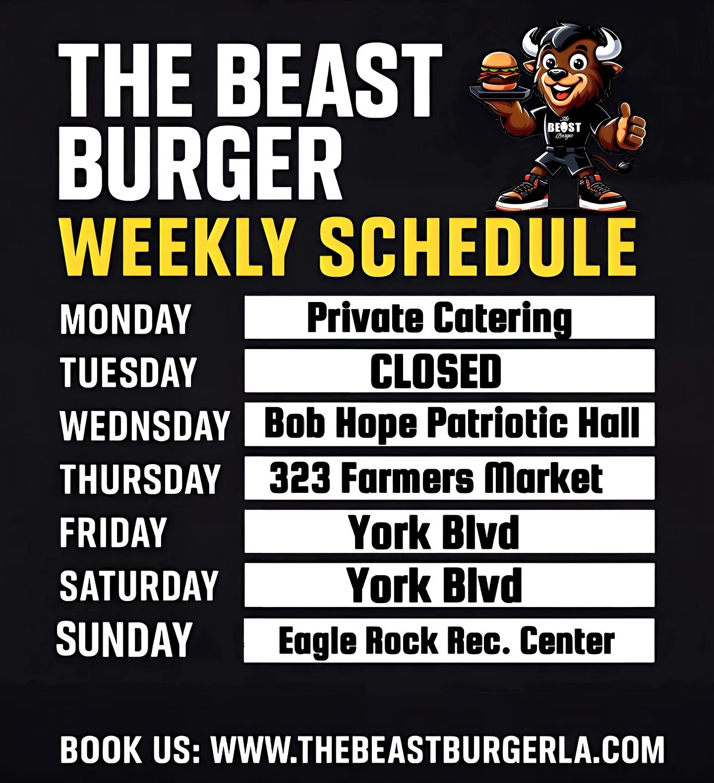 📅 The Beast Burger Weekly Schedule is LIVE! 🚚🔥
From bison burgers to beast-sized wings, we&rsquo;re pulling up all over LA this week. Don&rsquo;t miss your chance to feed the beast 🦬🍔

✨ Catch us at:
➡️ Monday &ndash; Private Catering
➡️ Wednesd