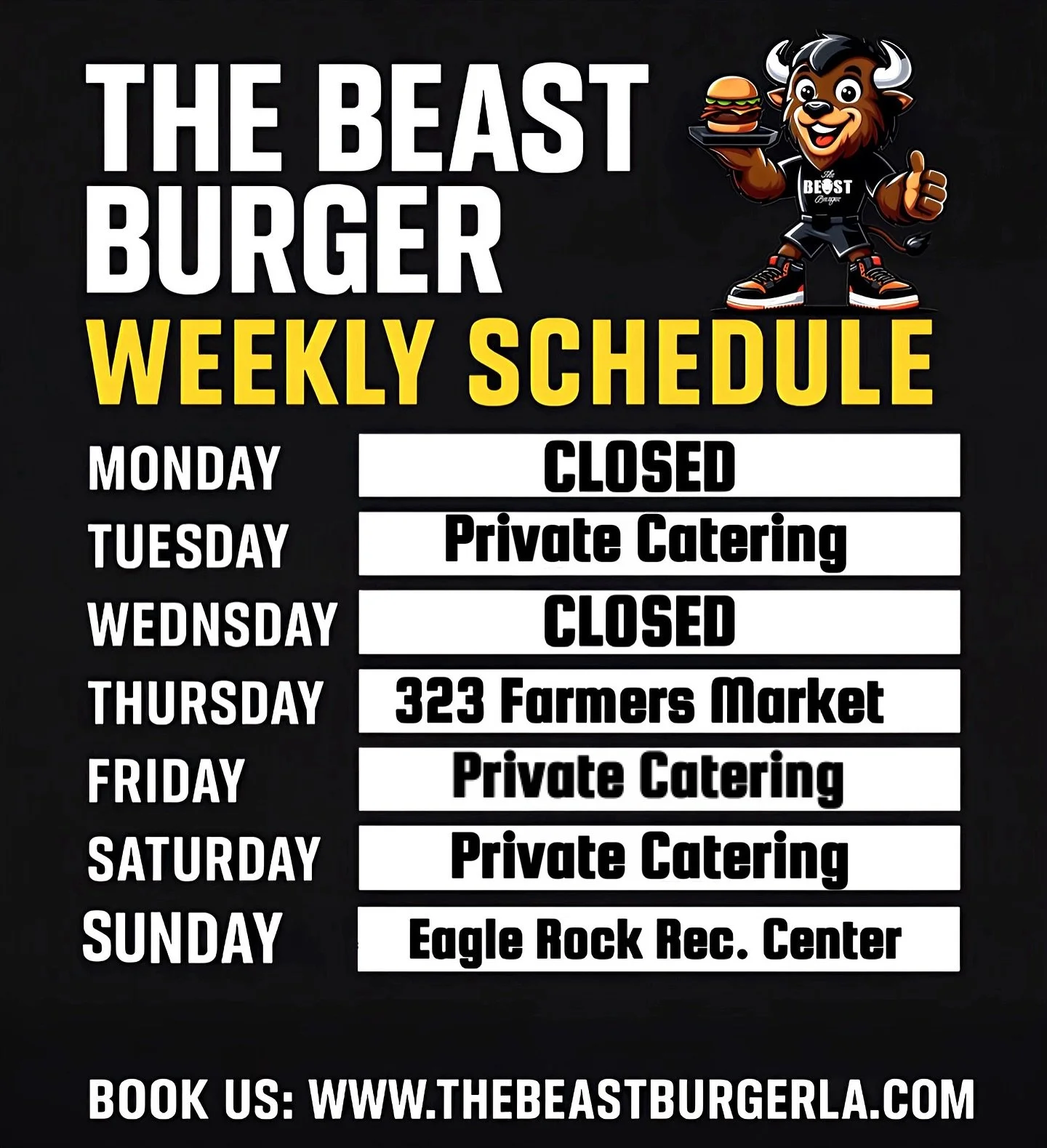 📅🦬 THE BEAST IS ON THE MOVE 🦬📅
Here&rsquo;s where you can catch us this week 👇

🔥 Tuesday &ndash; Private Catering
🔥 Thursday &ndash; 323 Farmers Market
🔥 Friday &ndash; Private Catering
🔥 Saturday &ndash; Private Catering
🔥 Sunday &ndash; 
